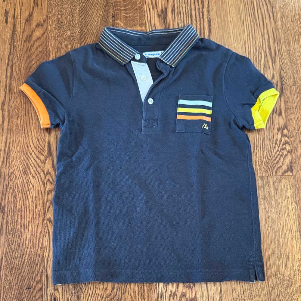 Mayoral Kids Navy Polo Shirt with Striped Pocket Size 4